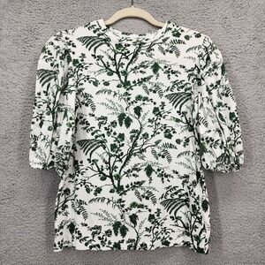 Erdem Theodora Top Green White Botanical Floral Puff Sleeve Cotton Jersey Small